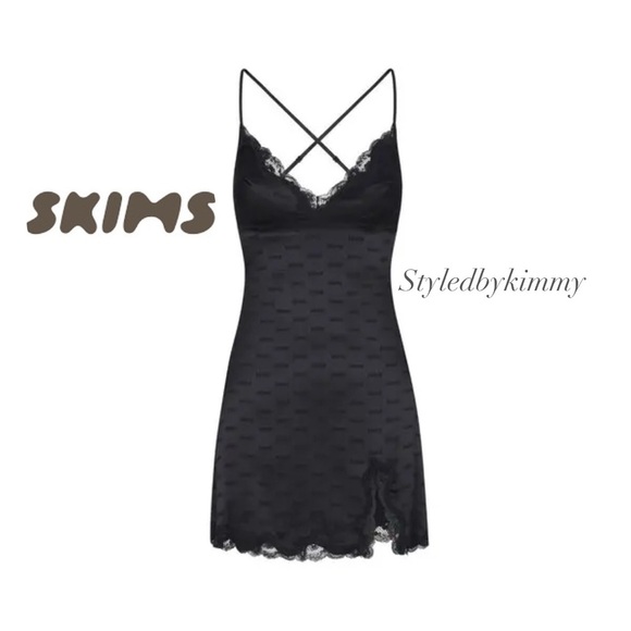 SKIMS Woven Jacquard Logo Slip Dress Onyx NEW NWT XS - Picture 1 of 7